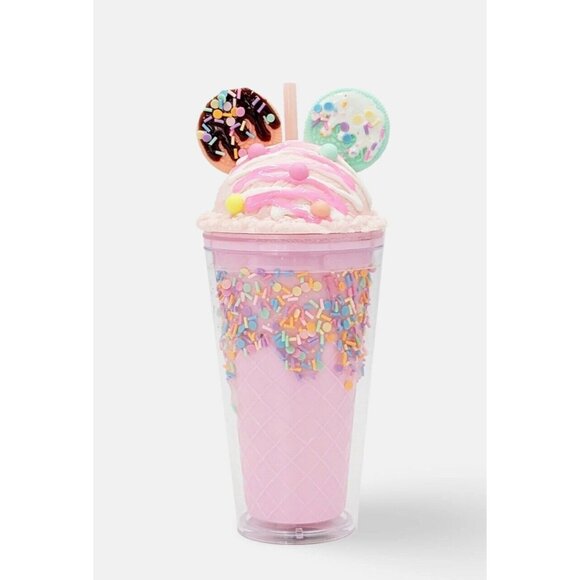 Pink 3D Cookie Ice Cream Sprinkle Cup 16oz Cold Beverage w/ Straw & Lid Tumbler - Picture 1 of 7